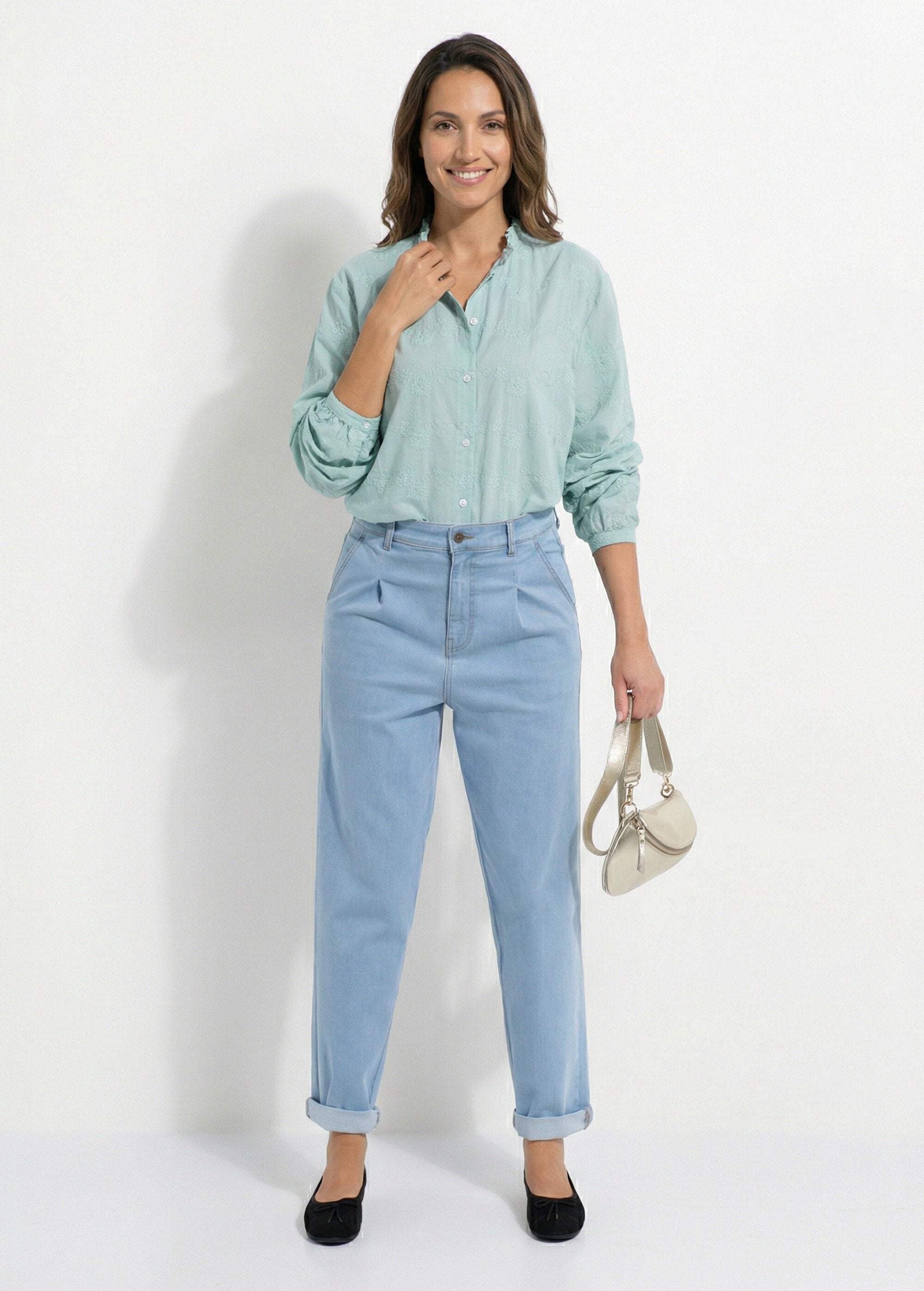 Chemisier_boutonné_coton_brodé_col_volanté_Vert_SF1_slim