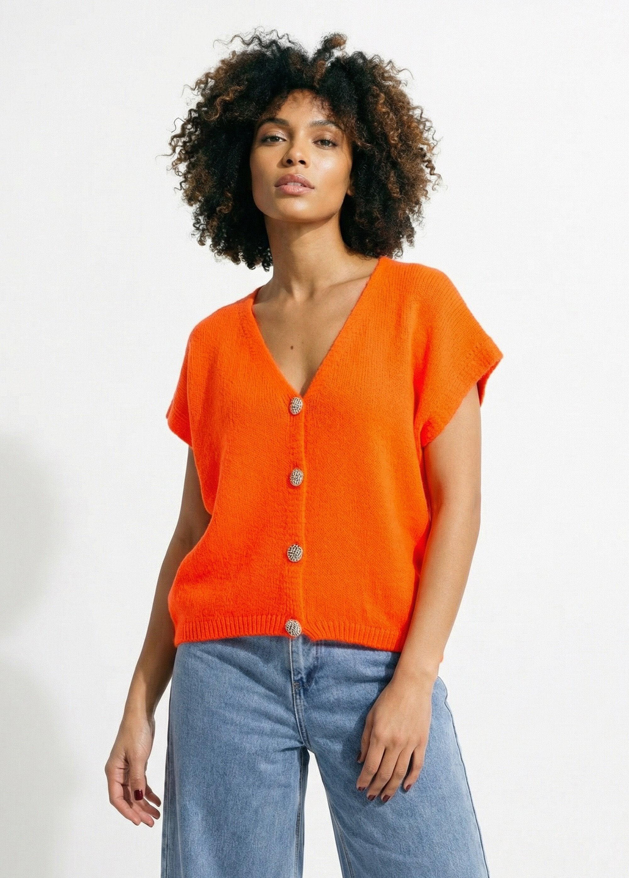 Gilet_manches_courtes_boutons_métallisés_Orange_fluo_FA1_slim
