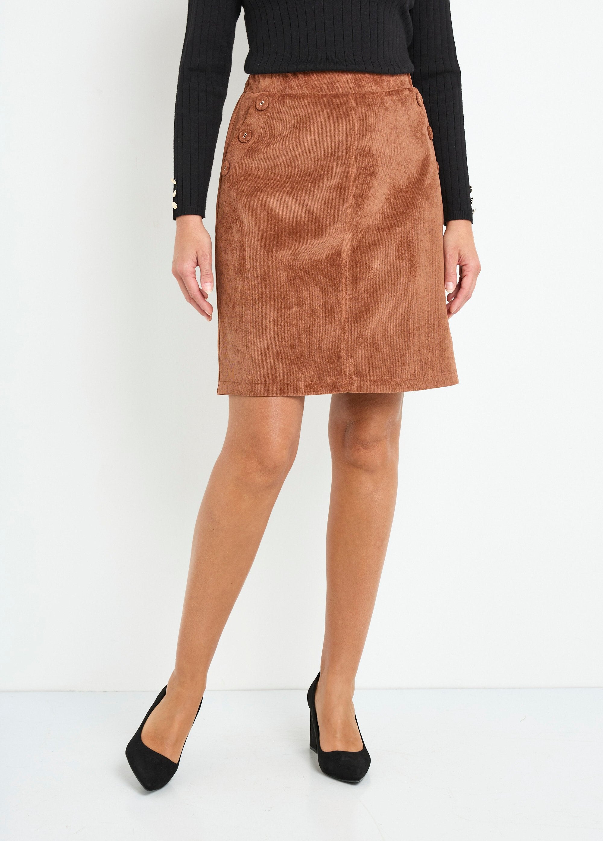 Short,_straight_corduroy_skirt_with_a_semi-elasticated_waistband_Brown_FA1_slim
