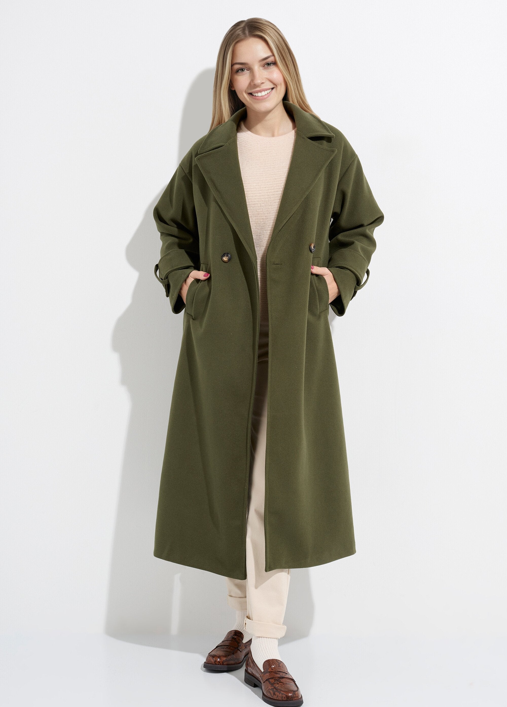 Manteau_long_chic_façon_drap_de_laine_Kaki_FA1_slim