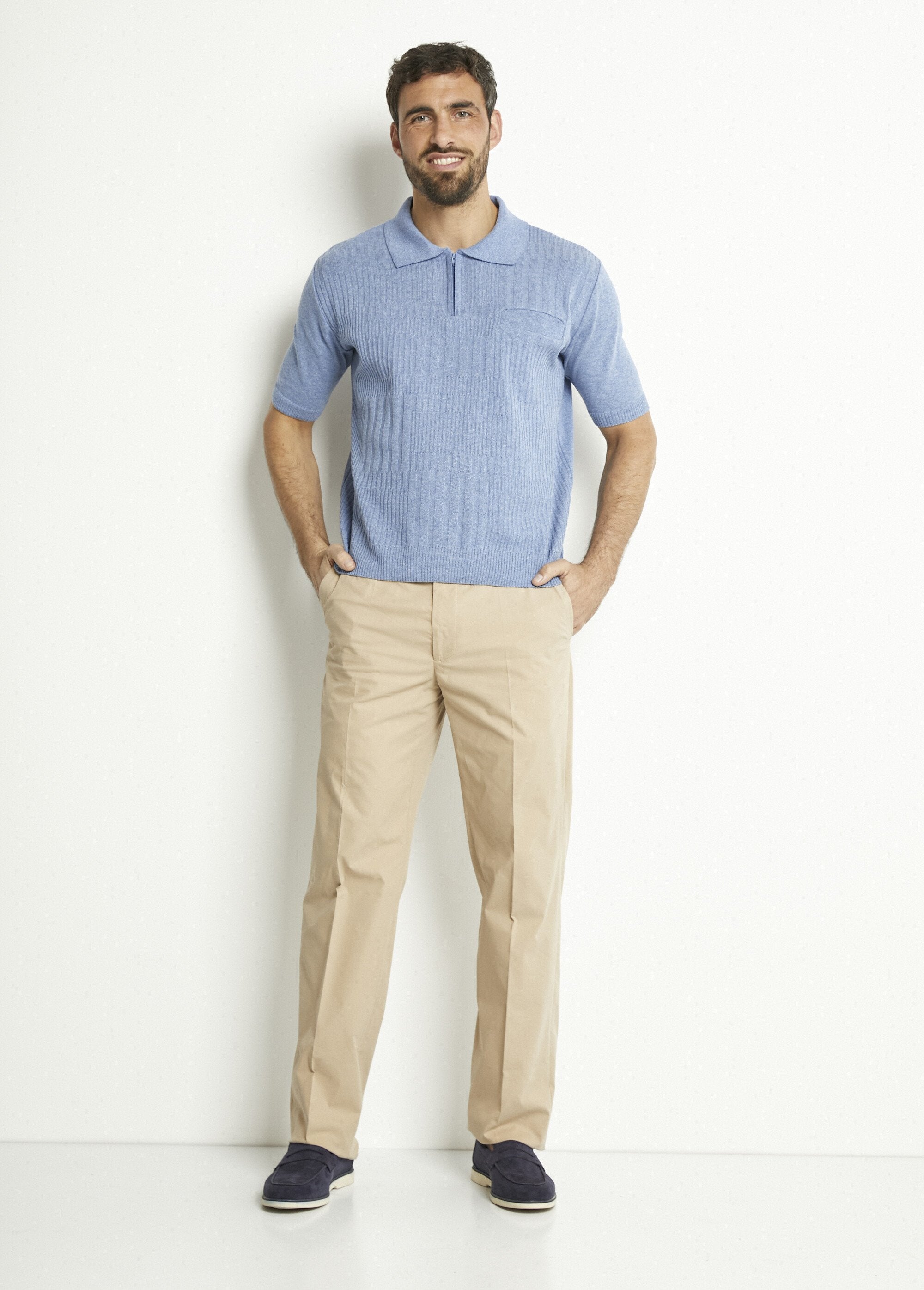 Plain_short-sleeved_zipped_polo_shirt_in_carded_cotton_Jeans_SF1_slim