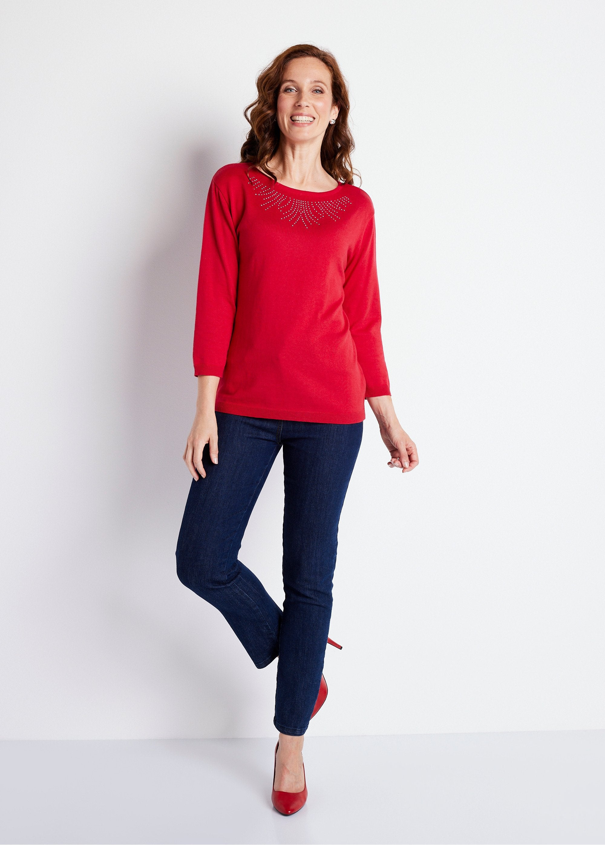 Round_neck_sweater_with_3/4_sleeves_and_studded_fantasy_Cherry_SF1_slim