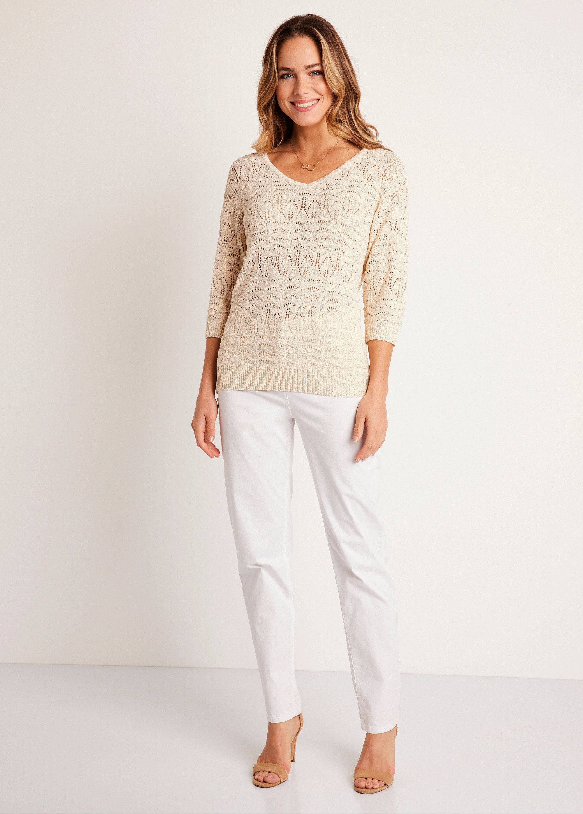 3/4_sleeve_openwork_pattern_V-neck_sweater_String_SF1_slim