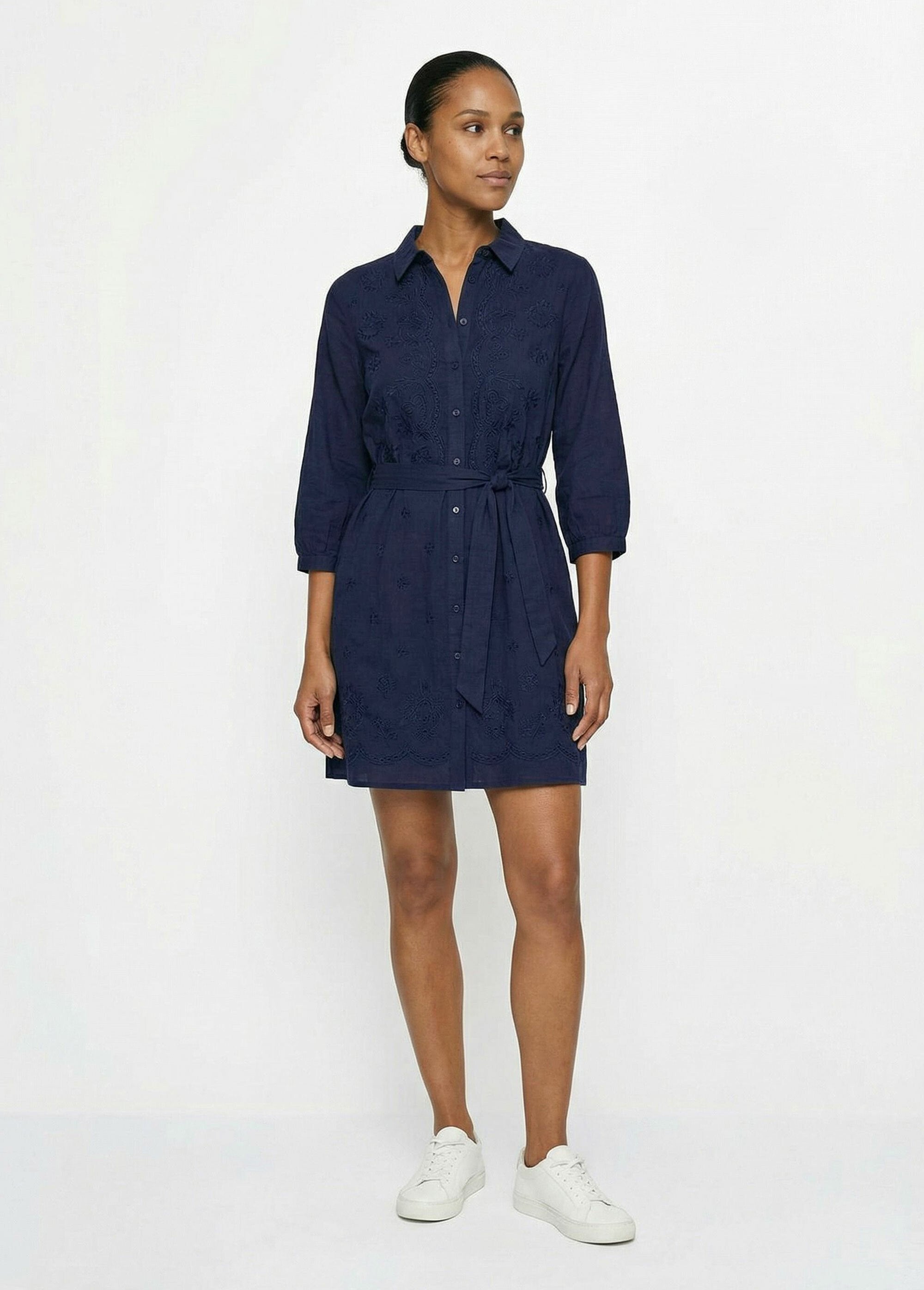 V-neck_shirt_dress,_embroidered_with_foliage_Marine_SF1_slim