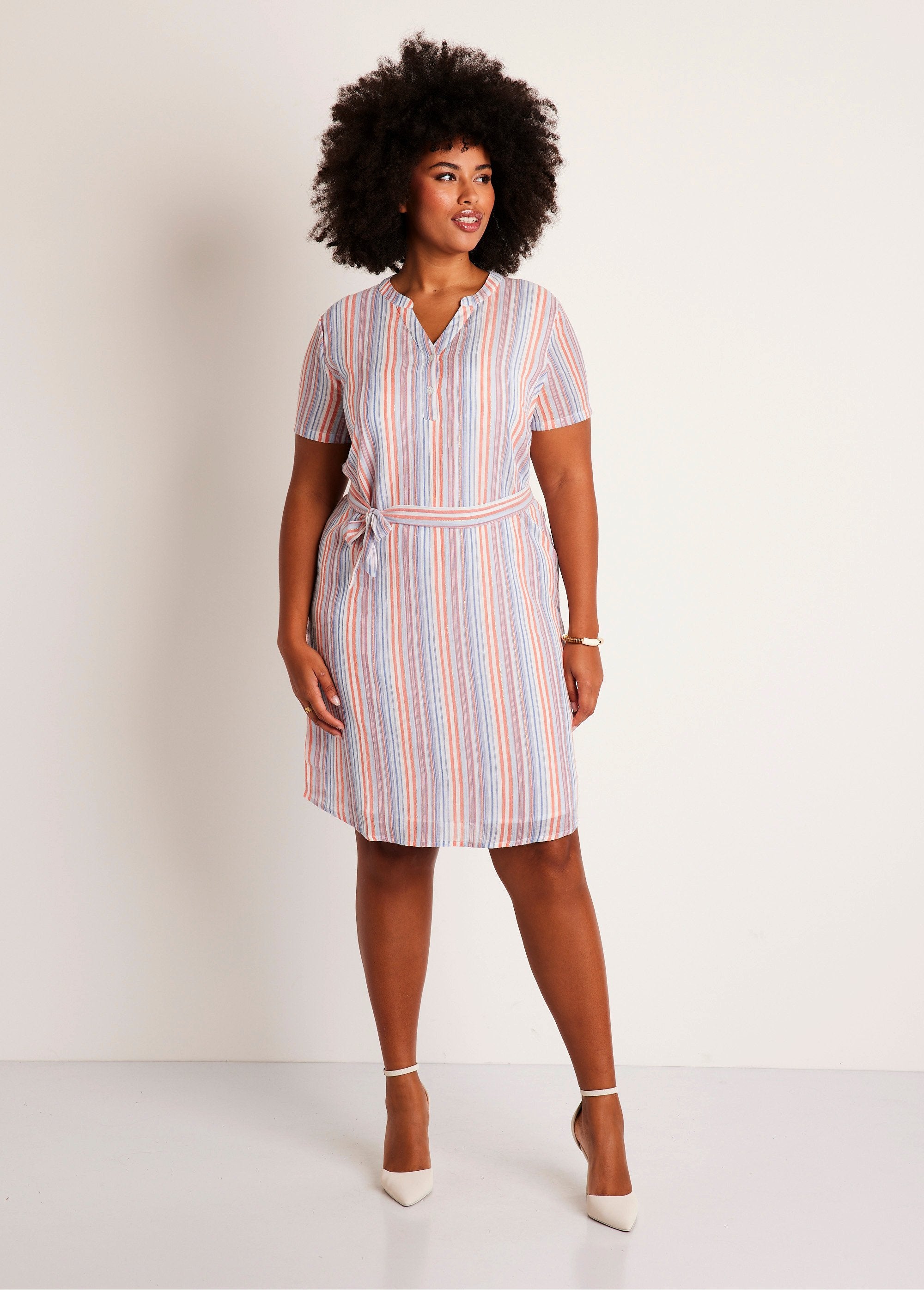 Short_shiny_striped_straight_dress_Orange_and_blue_FA1_curvy