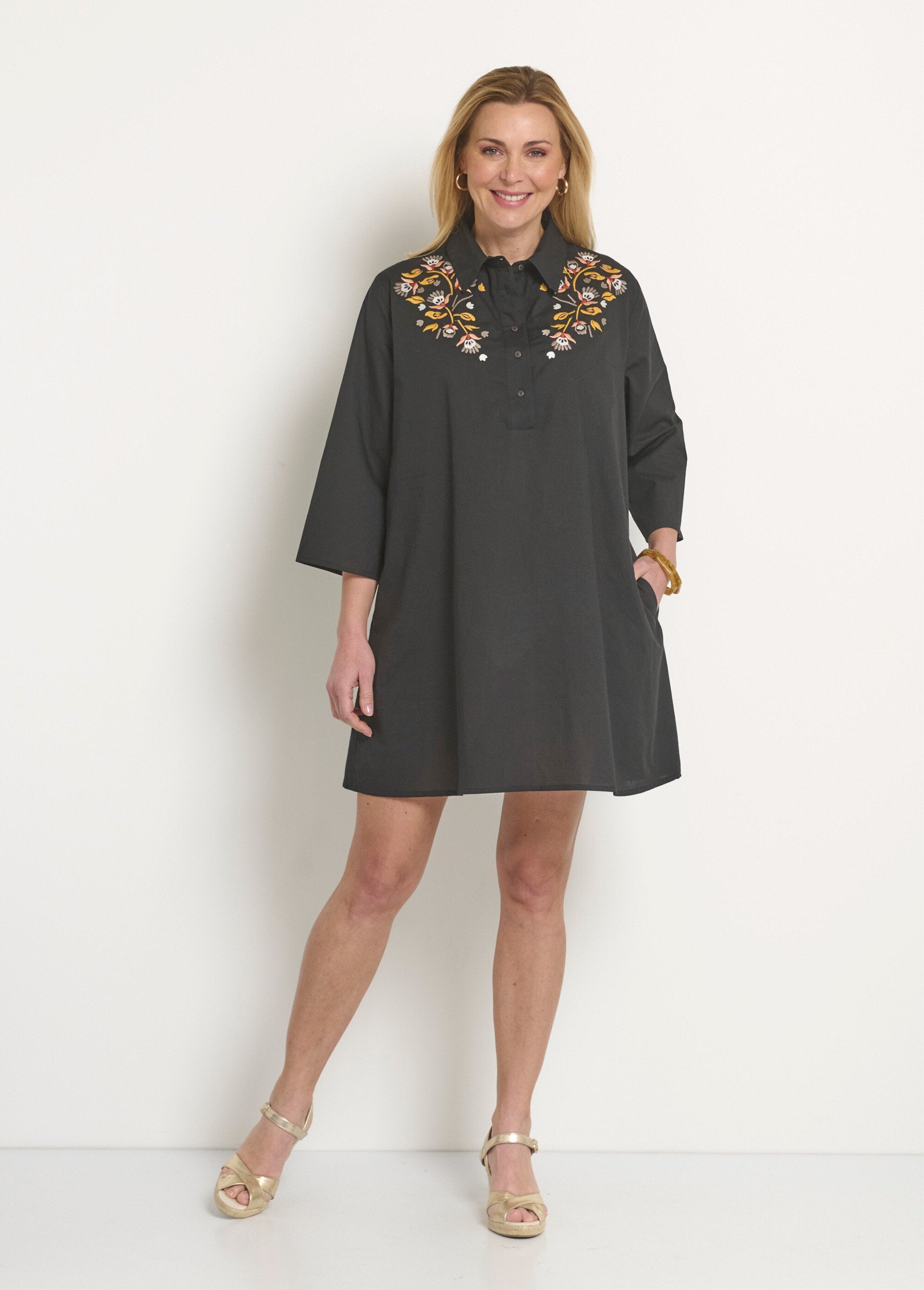 3/4_sleeve_cover_dress_with_colorful_embroidery_Black_FA1_slim