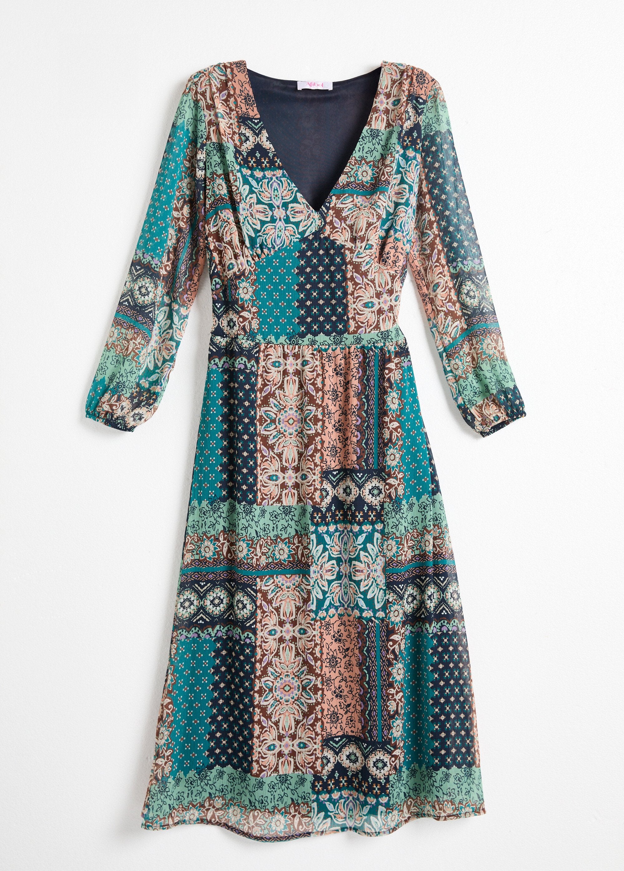 Long_crepe_voile_dress_with_patchwork_print_Green_and_ecru_AP1_slim