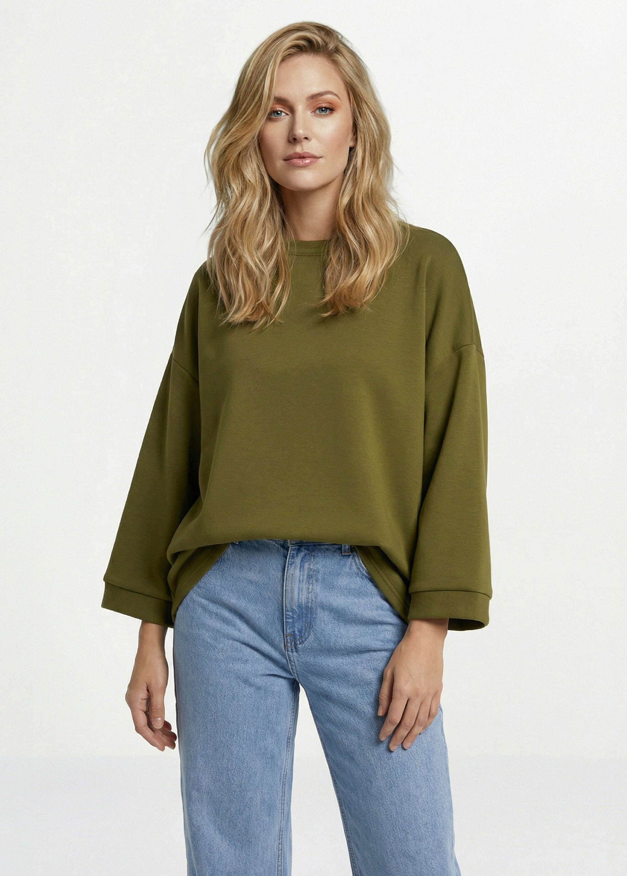Sweat_shirt_large_col_rond,_manches_3/4_Vert_olive_FA1_slim