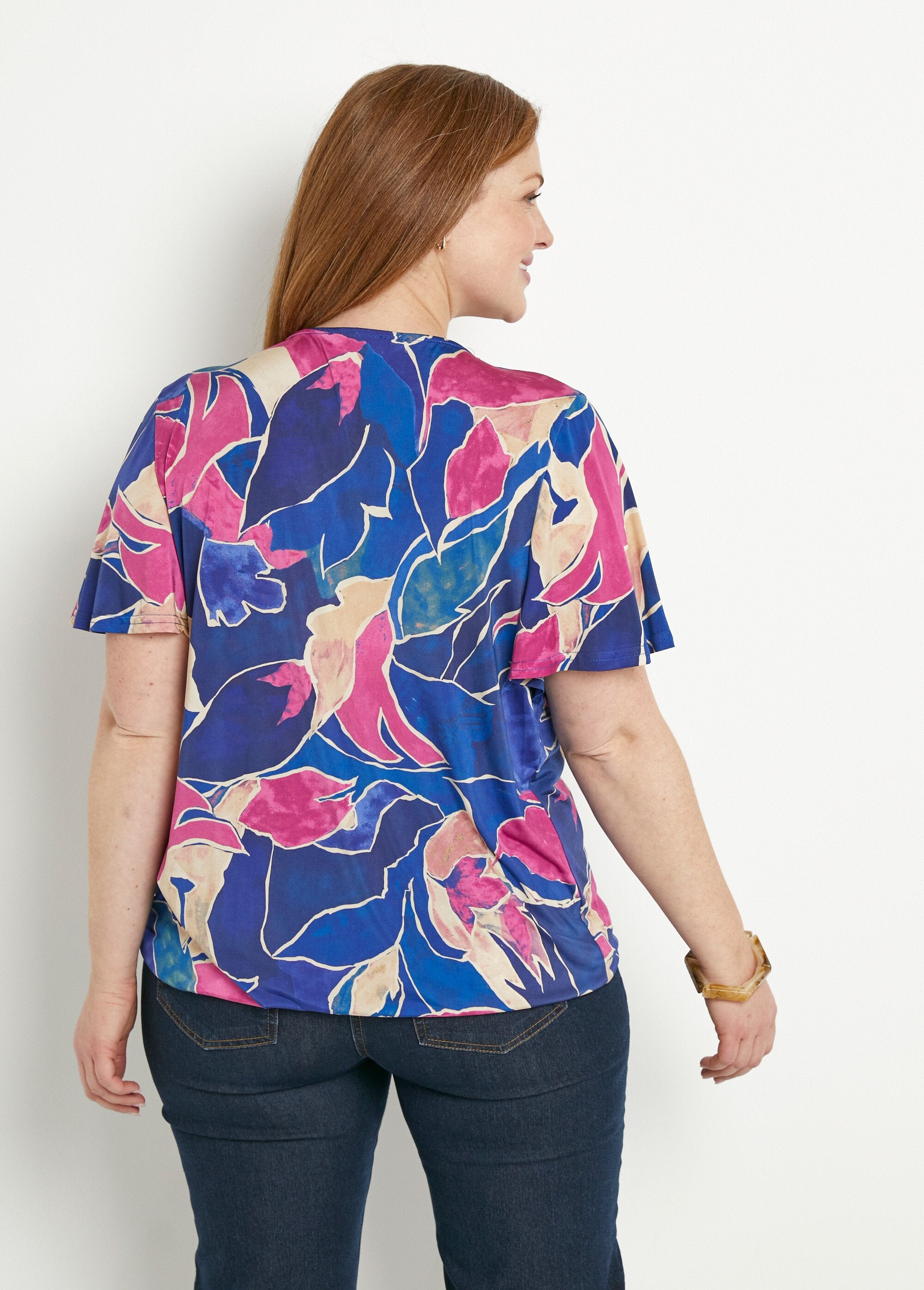 Long_floral_pattern_blousant_wrap-over_t-shirt_Blue_and_pink_DO1_curvy