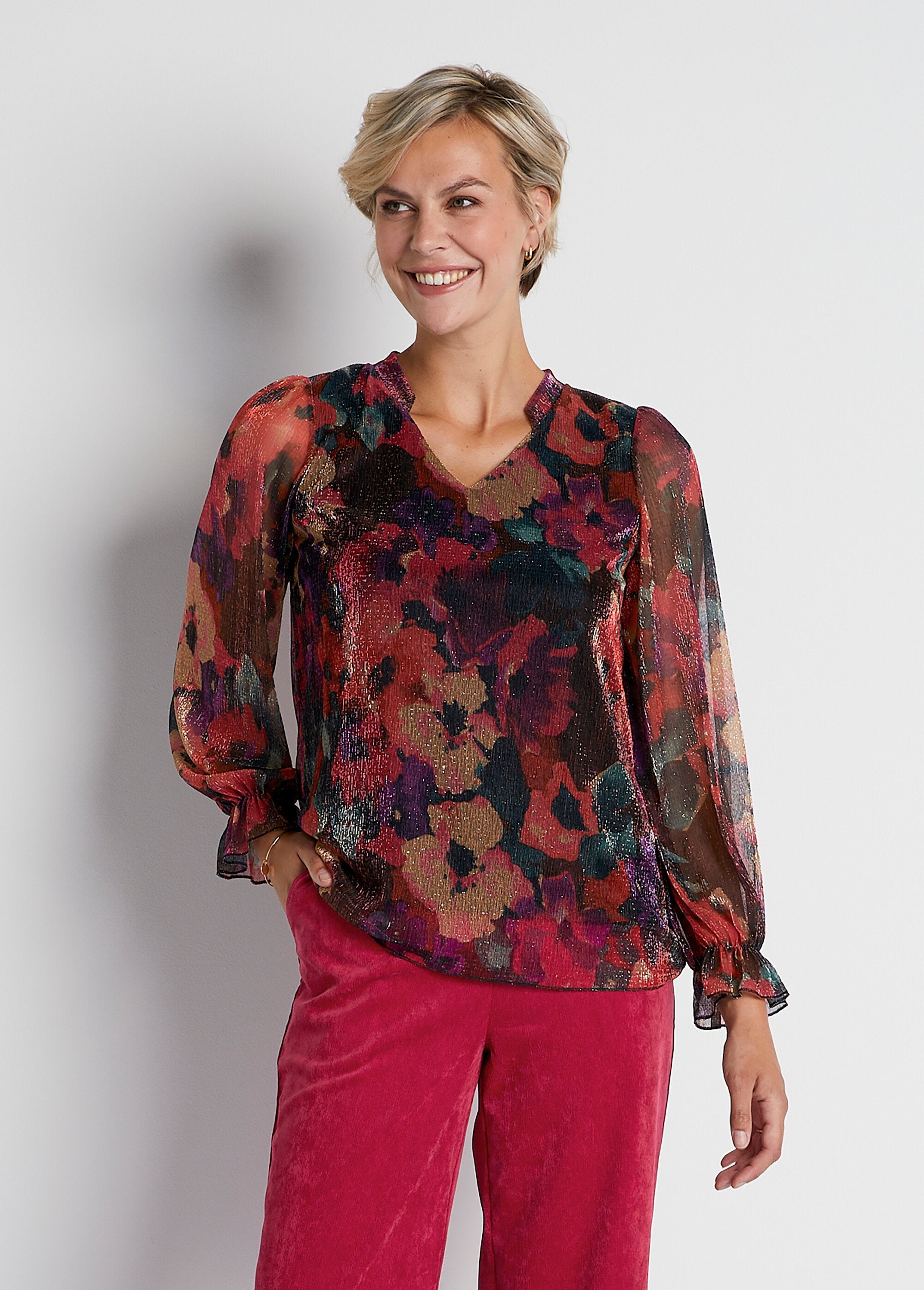 Floral_print_pleated_mesh_t-shirt_Red_print_FA1_slim